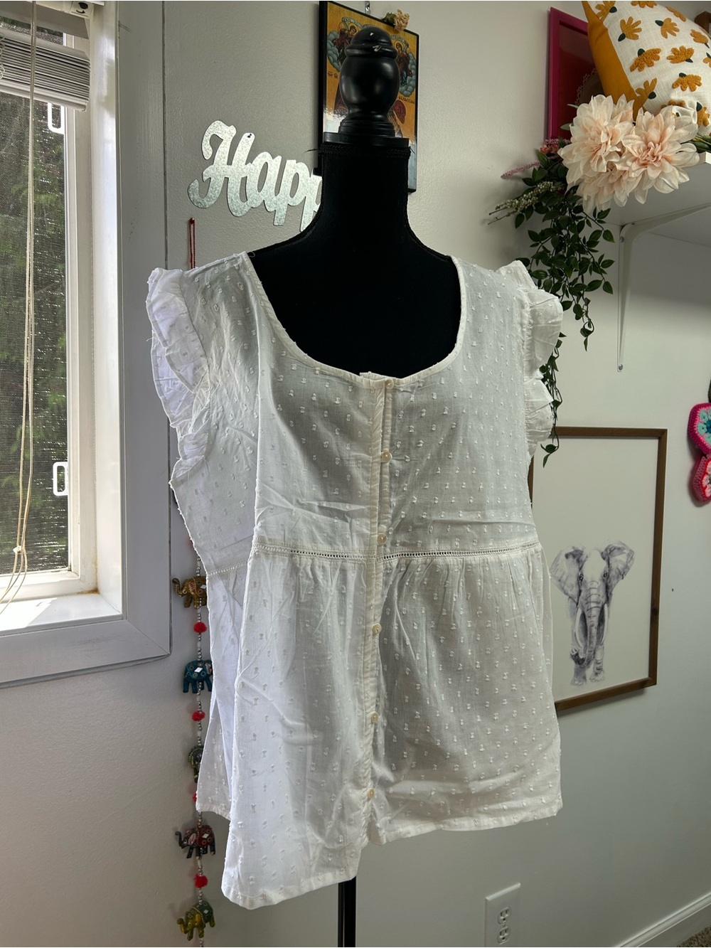 OVS blouse- XXL White Dot Ruffle Sleeve Button-Front Blouse